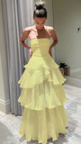 Strapless Ruffle White Prom Dresses Full Length Sleeveless Evening Party HZ0307