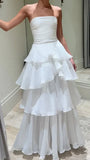 Strapless Ruffle White Prom Dresses Full Length Sleeveless Evening Party HZ0307