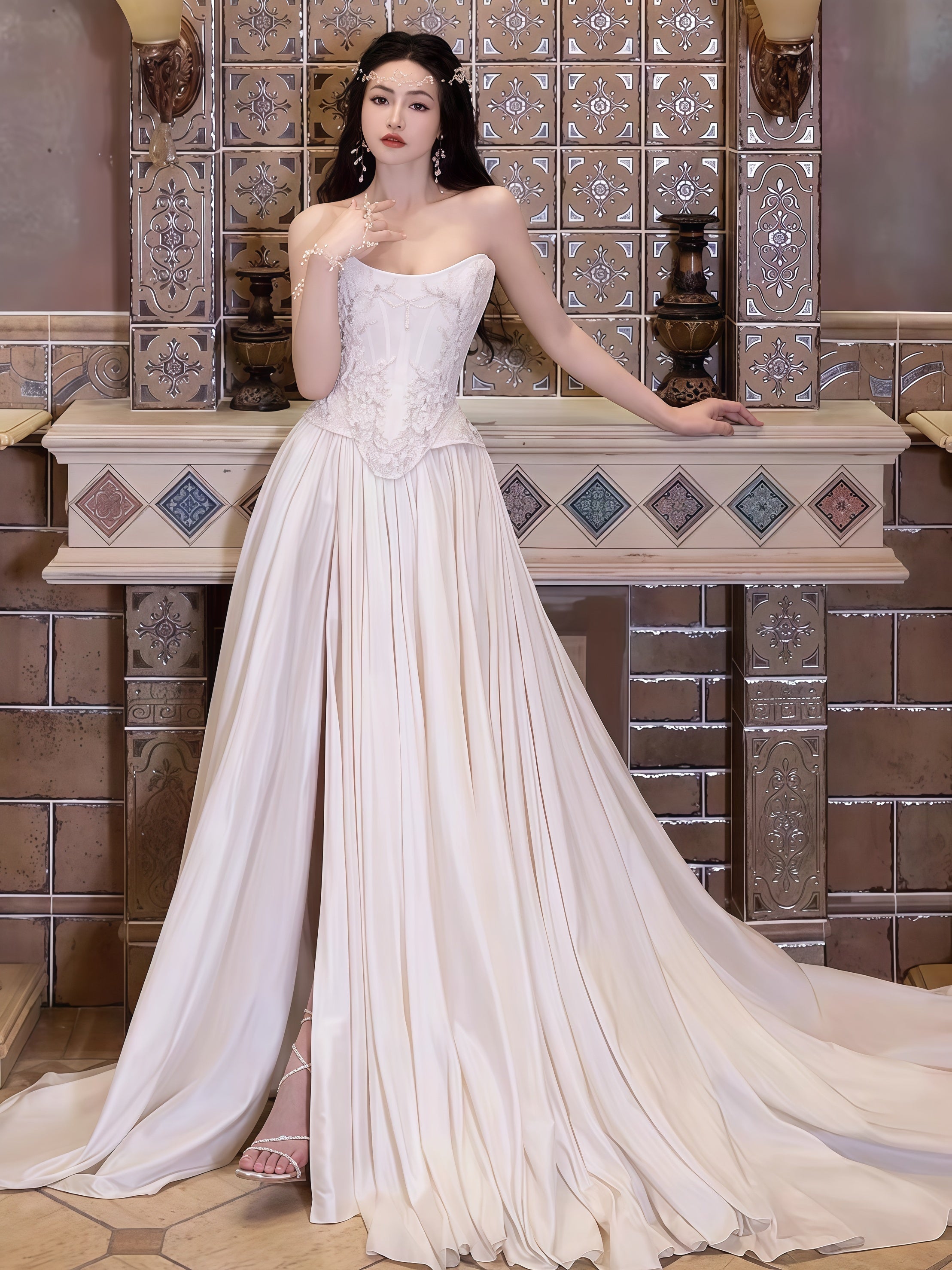 Strapless Lace Satin Wedding Dress - Vintage White Bridal Gown with HZ0307