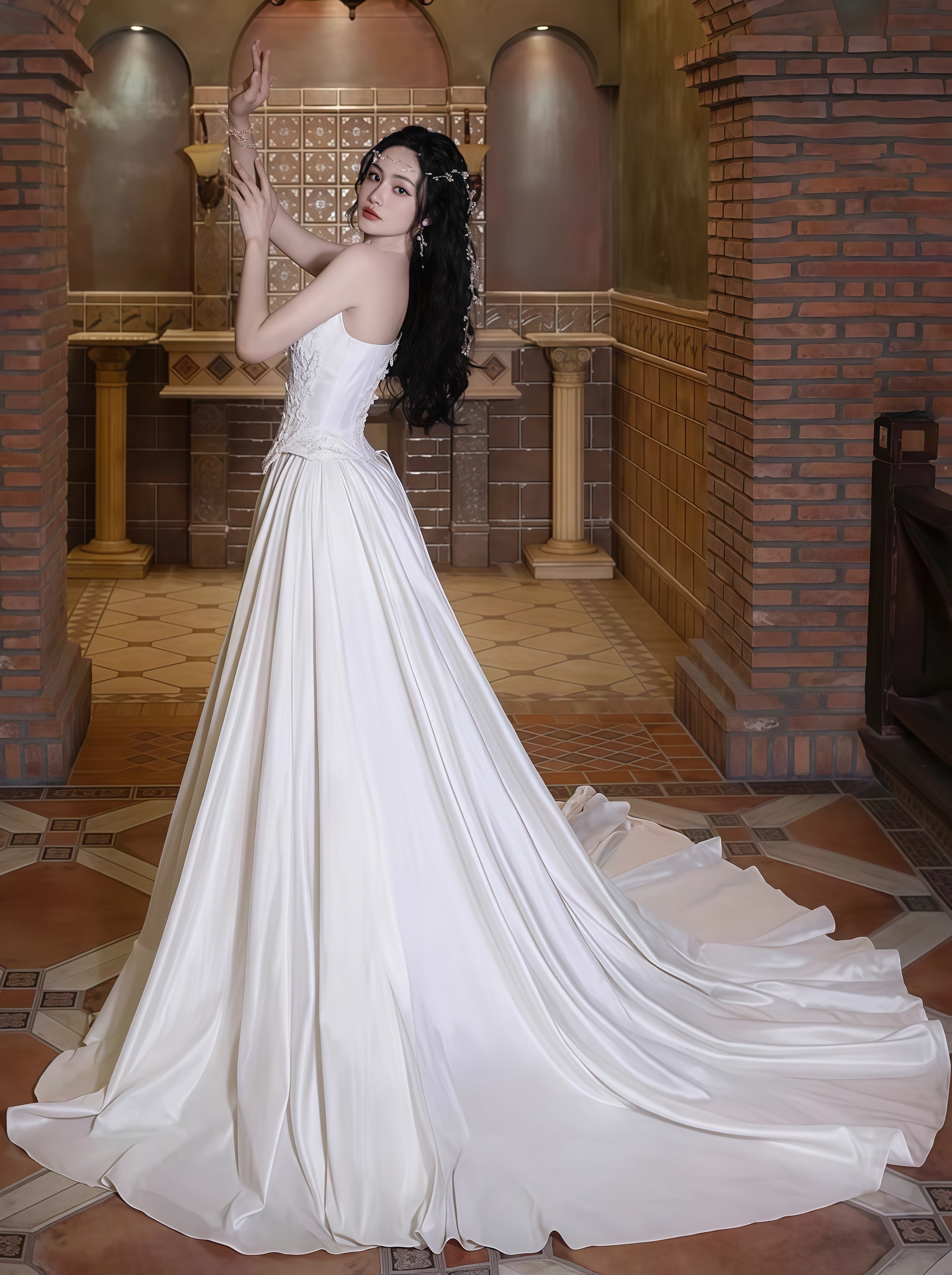 Strapless Lace Satin Wedding Dress - Vintage White Bridal Gown with HZ0307