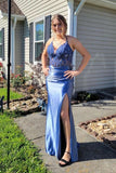 Dusty Blue Appliques Corset Satin Long Formal HZ0307