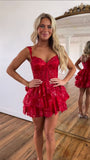 Sweet Lace Sequin Homecoming Dress, Off The Shoulder Hoco Dress, Red Ruffle Graduation HZ0307