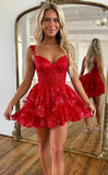 Sweet Lace Sequin Homecoming Dress, Off The Shoulder Hoco Dress, Red Ruffle Graduation HZ0307