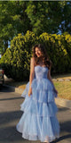 Sweetheart A-Line Evening Gown Tired Ruffles Sky Blue Long Prom Dresses, HZ0307