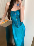 Two Pieces Sweetheart Peacock Blue Silk Satin Prom Dress Summer Party Dresses, HZ0307