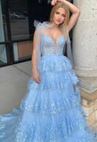 Tie Up Straps Ruffle Lace Skirt Long Prom Dresses, Plung Neck Evening HZ0307