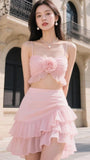Two Pieces Homecoming Dresses Pink Chiffon Spaghetti Straps Hoco Party HZ0307