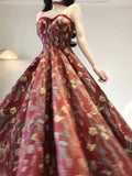 Vintage A line Spaghetti Straps Red Floral Long Birthday Dresses Prom Dress Birthday Outfits, HZ0307