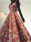 Vintage A line Spaghetti Straps Red Floral Long Birthday Dresses Prom Dress Birthday Outfits, HZ0307