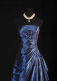 Vintage Ball Gown Strapless Navy Blue Satin Long Prom Dresses Party Dress HZ0307