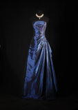 Vintage Ball Gown Strapless Navy Blue Satin Long Prom Dresses Party Dress HZ0307