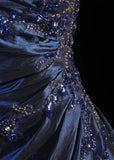 Vintage Ball Gown Strapless Navy Blue Satin Long Prom Dresses Party Dress HZ0307