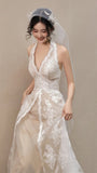 Vintage Halter Lace Wedding Dress, V-neck France Romance Bridal HZ0307