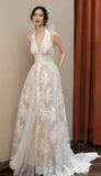 Vintage Halter Lace Wedding Dress, V-neck France Romance Bridal HZ0307
