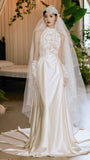Vintage Lace High Neck Satin Wedding Dress, Sleeveless France Romance Bridal HZ0307