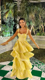Vintage Pastel Yellow Floral Ruffle Tiered A-Line Long Party Dress Prom HZ0307