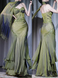 Vintage Two Pieces Olive Green Chiffon Prom Dresses Lace Beaded Appliques Evening Party HZ0307