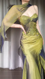 Vintage Two Pieces Olive Green Chiffon Prom Dresses Lace Beaded Appliques Evening Party HZ0307