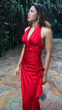 Vintage Women Dresses Halter Red Long Prom Dresses V-Neck Sexy Party HZ0307