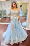 Off The Shoulder Feather Tulle Floral Appliques Prom HZ0307