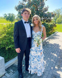 White Blue Floral Prom Dress - A-Line Long Evening HZ0307