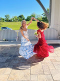 White Blue Floral Prom Dress - A-Line Long Evening HZ0307