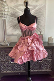 White Floral Homecoming Dresses Spaghetti Straps A-Line Mini Graduation Gown, HZ0307