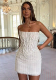 White Pearl Beaded Short Party Dresses Strapless Formal Party HZ0307