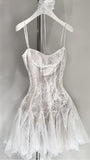 White Short Lace Dress Spaghetti Straps Mini Wedding Dresses, HZ0307
