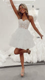 White Sweetheart Applique Lace Homecoming Dress Ruffle Tulle Mini Party Dress, HZ0307