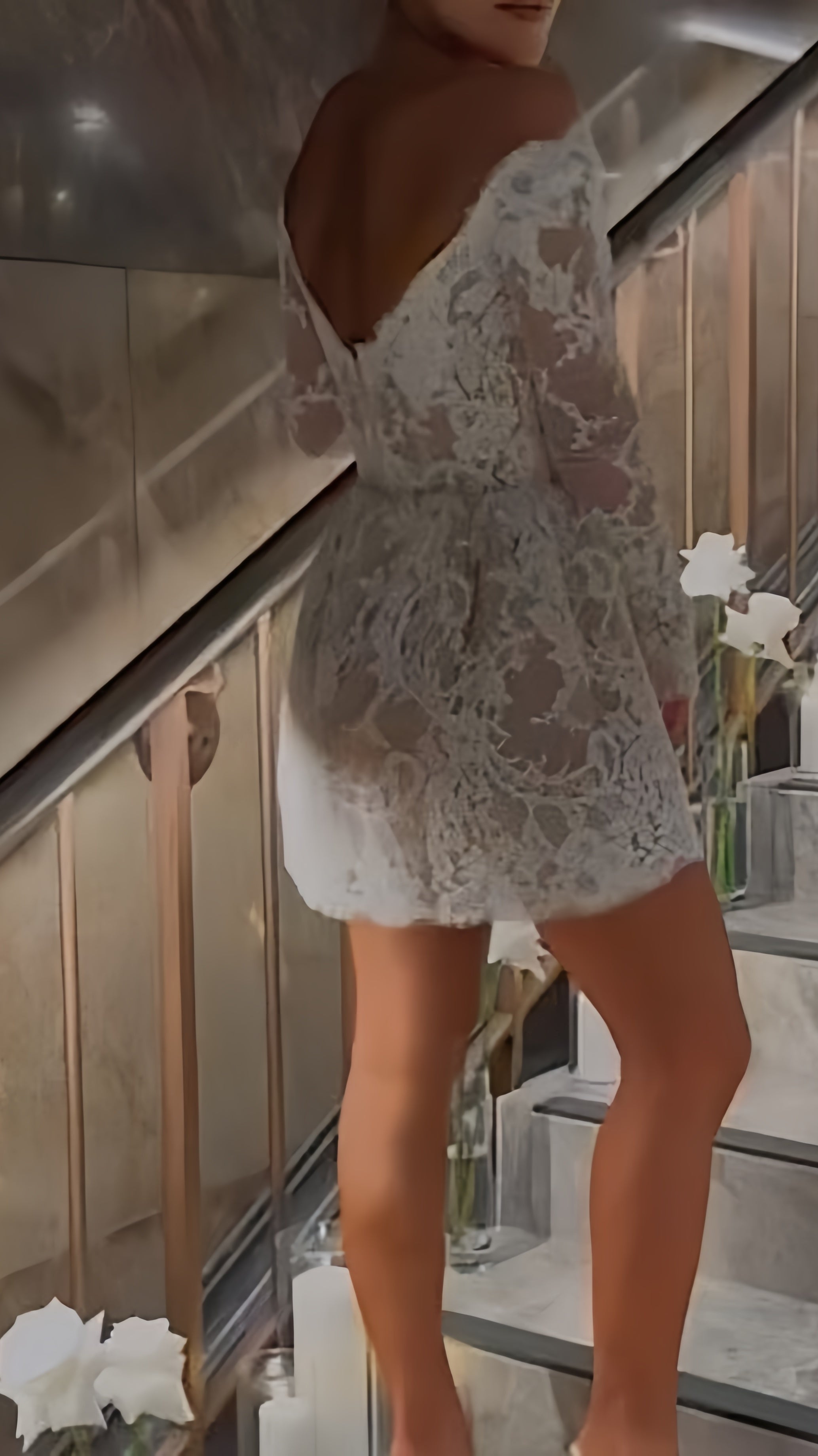 White Lace Bridal Dresses, Long Sleeves Mini Wedding Gown, HZ0307