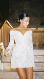 White Lace Bridal Dresses, Long Sleeves Mini Wedding Gown, HZ0307