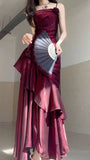 Wine Red Satin Long Straps Prom Dress Wine Red A-line Party HZ0307