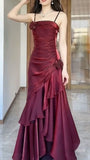 Wine Red Satin Long Straps Prom Dress Wine Red A-line Party HZ0307