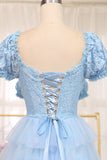 Short Sleeves Blue Lace and Tulle Tiered HZ0307