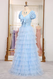 Short Sleeves Blue Lace and Tulle Tiered HZ0307