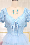 Short Sleeves Blue Lace and Tulle Tiered HZ0307