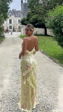 Yellow Floral Slim V-Neck Long Prom Dresses Spaghetti Straps Evening Party HZ0307