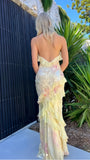 Yellow Floral Slim V-Neck Long Prom Dresses Spaghetti Straps Evening Party HZ0307
