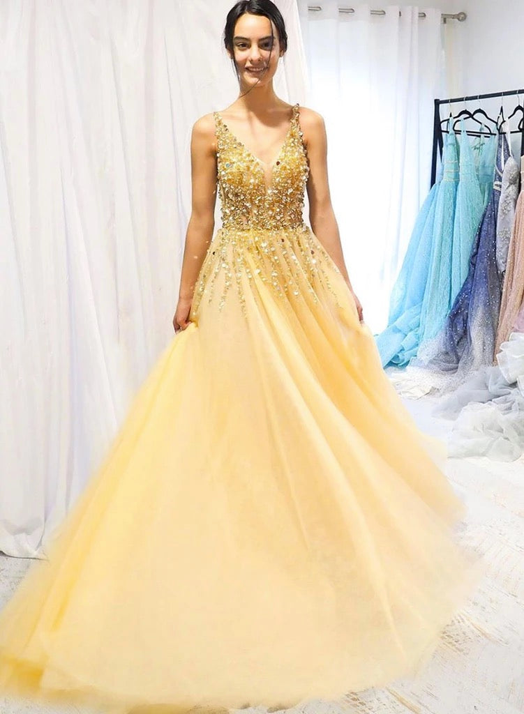 Yellow Sequin Beaded A-Line Prom Dress - Long Tulle Party HZ0307