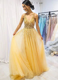 Yellow Sequin Beaded A-Line Prom Dress - Long Tulle Party HZ0307