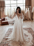 Two Pieces White Starry V-Neck Long Prom Dresses, Evening Party Dress HZ0307