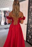 Off the Shoulder Red A-line Long Prom HZ0307