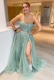 Princess Green Appliques A-line Sweetheart Tulle Long Prom HZ0307