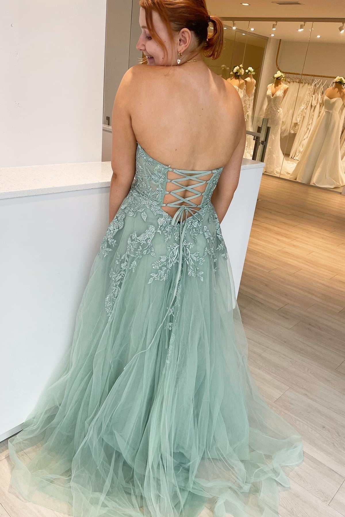 Princess Green Appliques A-line Sweetheart Tulle Long Prom HZ0307