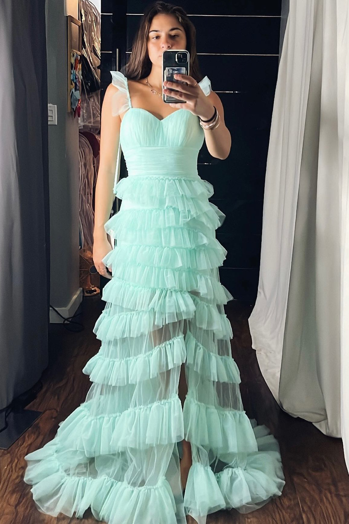 Mint Green Tiered Ruffle Long Prom HZ0307