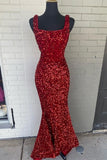 Red Sequin Square Neck Mermaid Long Formal HZ0307