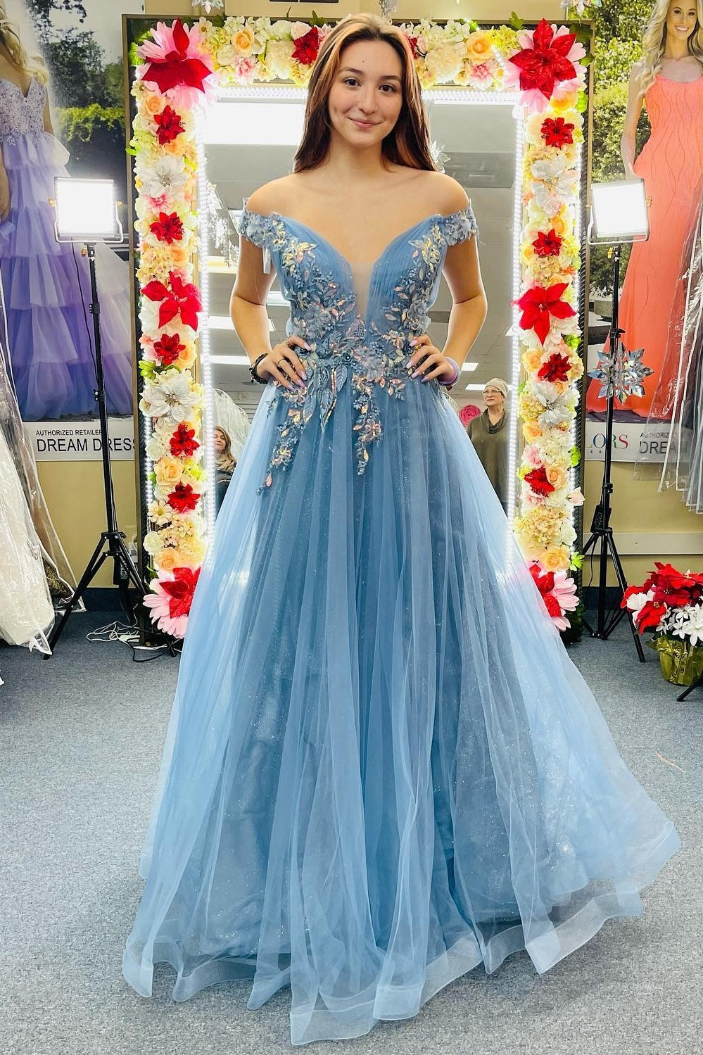 Off the Shoulder Blue Floral Appliques A-line Long Formal HZ0307