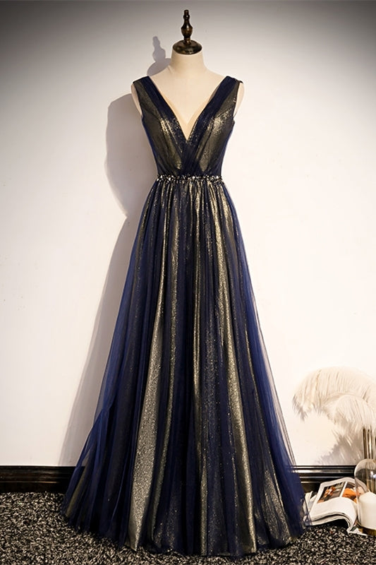 Navy Blue A-line Tulle Long Party HZ0307