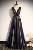 Navy Blue A-line Tulle Long Party HZ0307